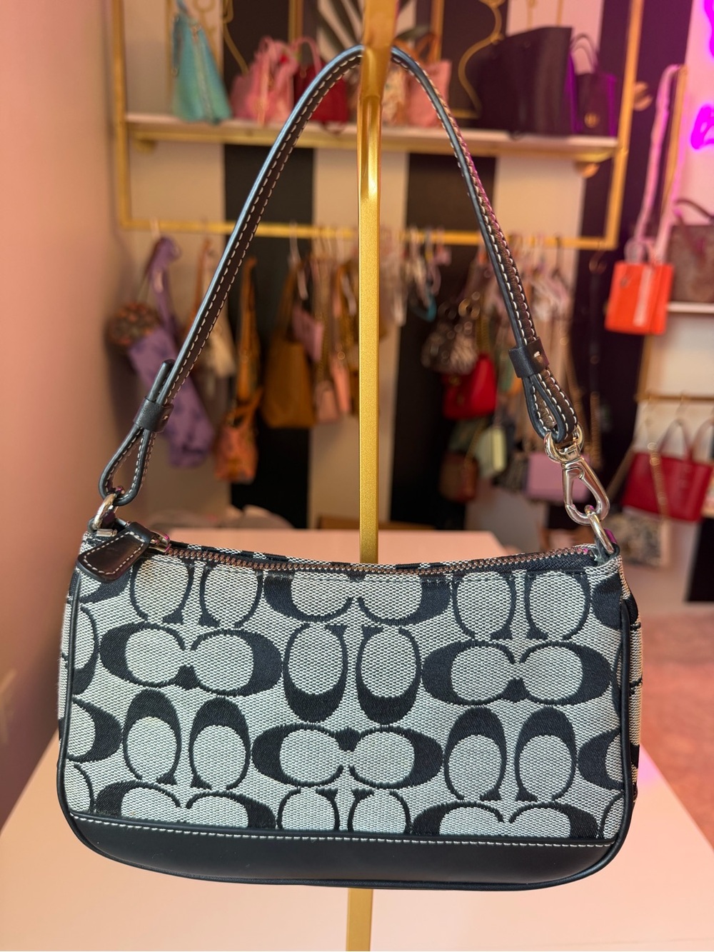 Vintage Coach Signature Demi Pochette 6094 Black White Jacquard Y2K Shoulder Bag